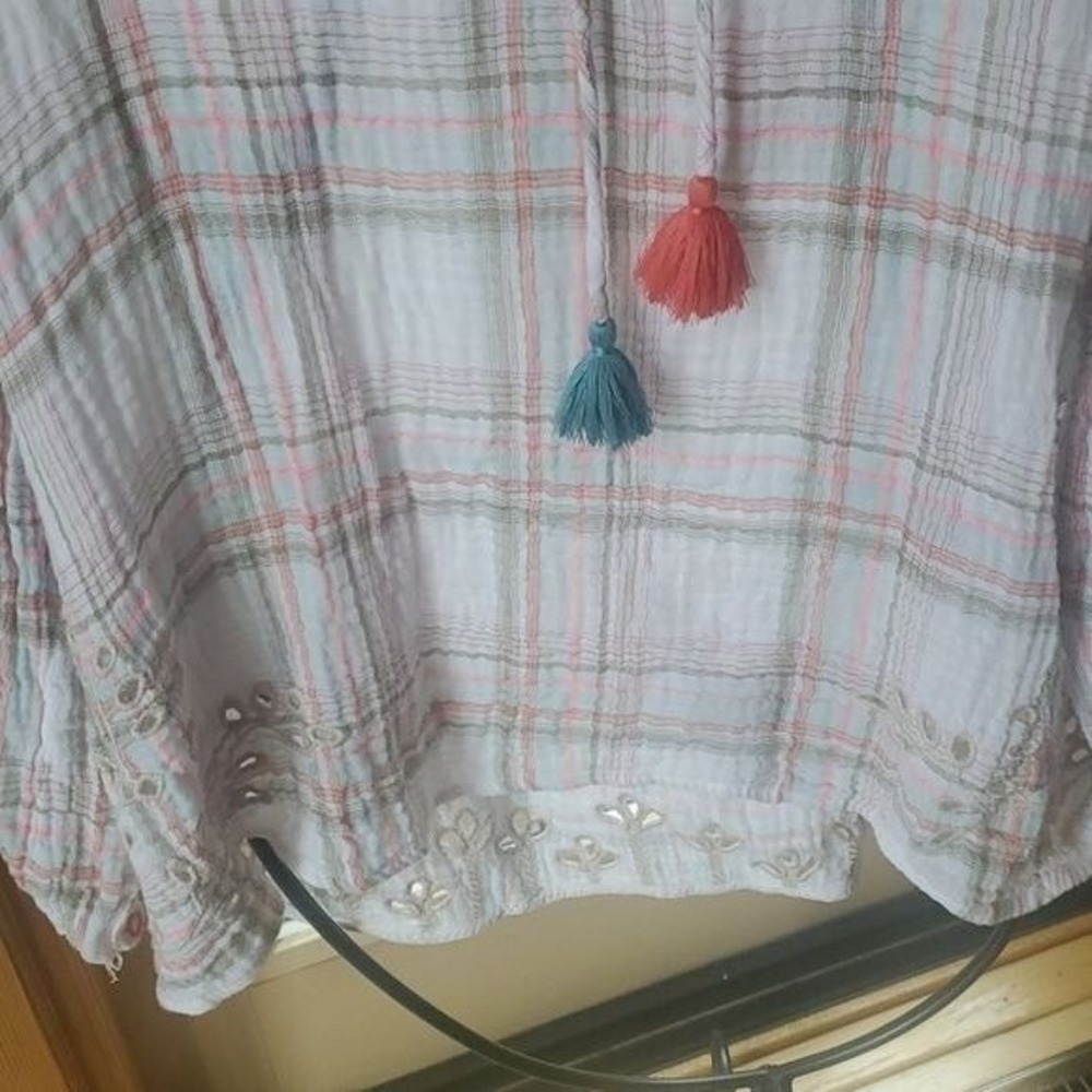 Johnny Was Workshop Embroidered Plaid Eyelet Tassel Blouse White Pink Large - Picture 6 of 16